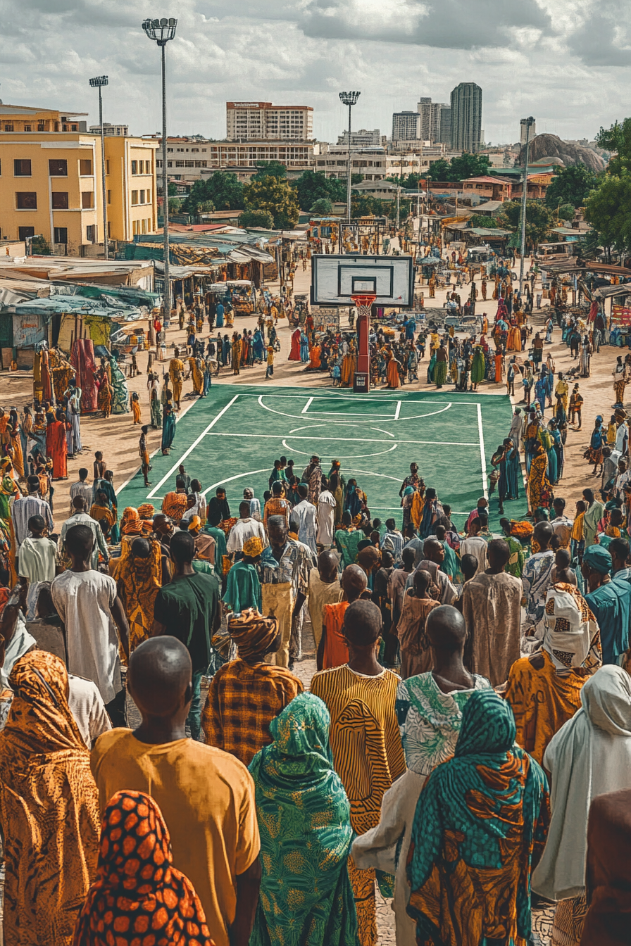 Scene in Abuja with basketball court and traditional clothing.