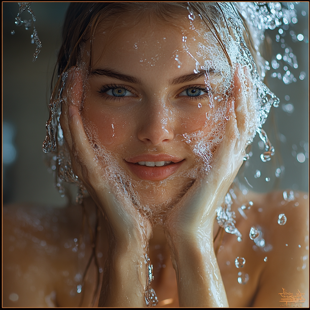 Scene in hot kitchen, woman pours water, smiling.