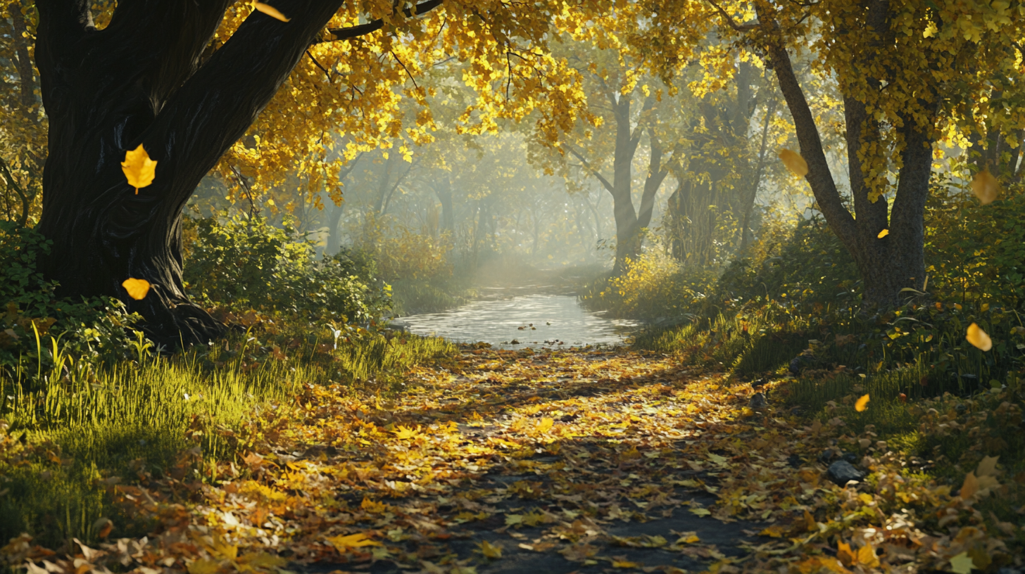 Scene in vast forest; leaves fall, stream flows nostalgically.