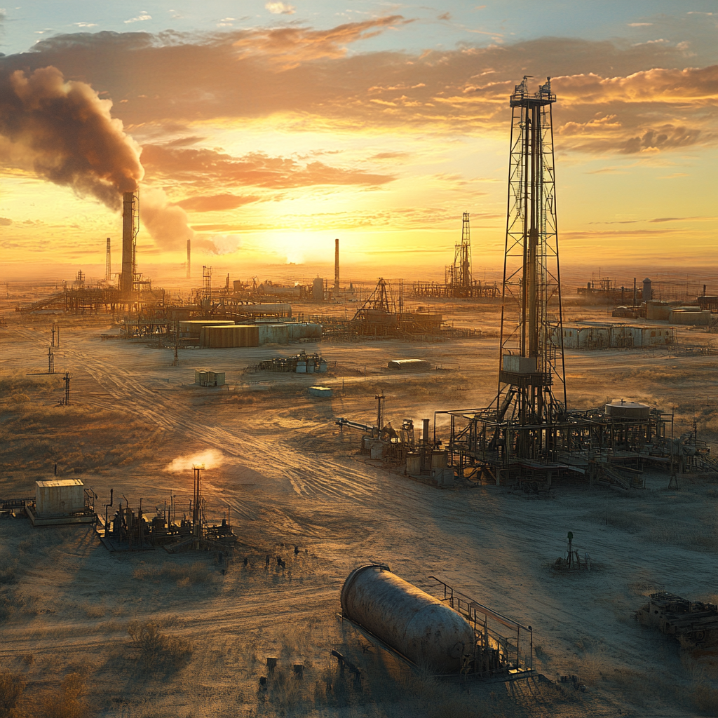 Scene of mature oil field at sunset, dusty landscape.