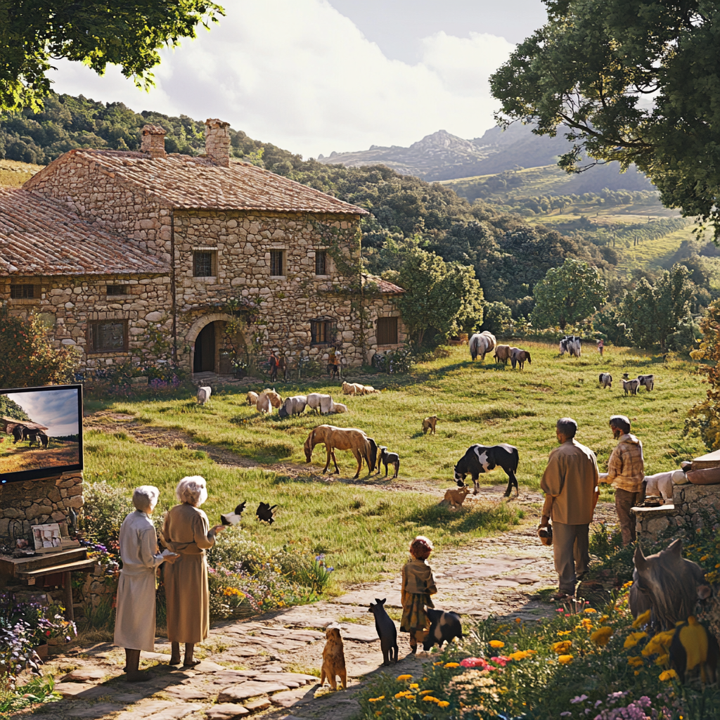 Scene of realistic rural garden with animals, elderly, children.