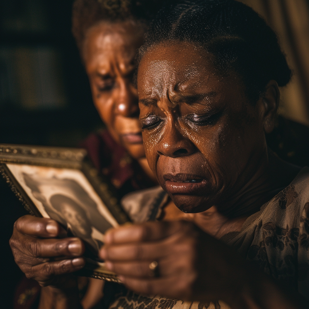 Scene with Gloria grieving brother's death, husband comforts.