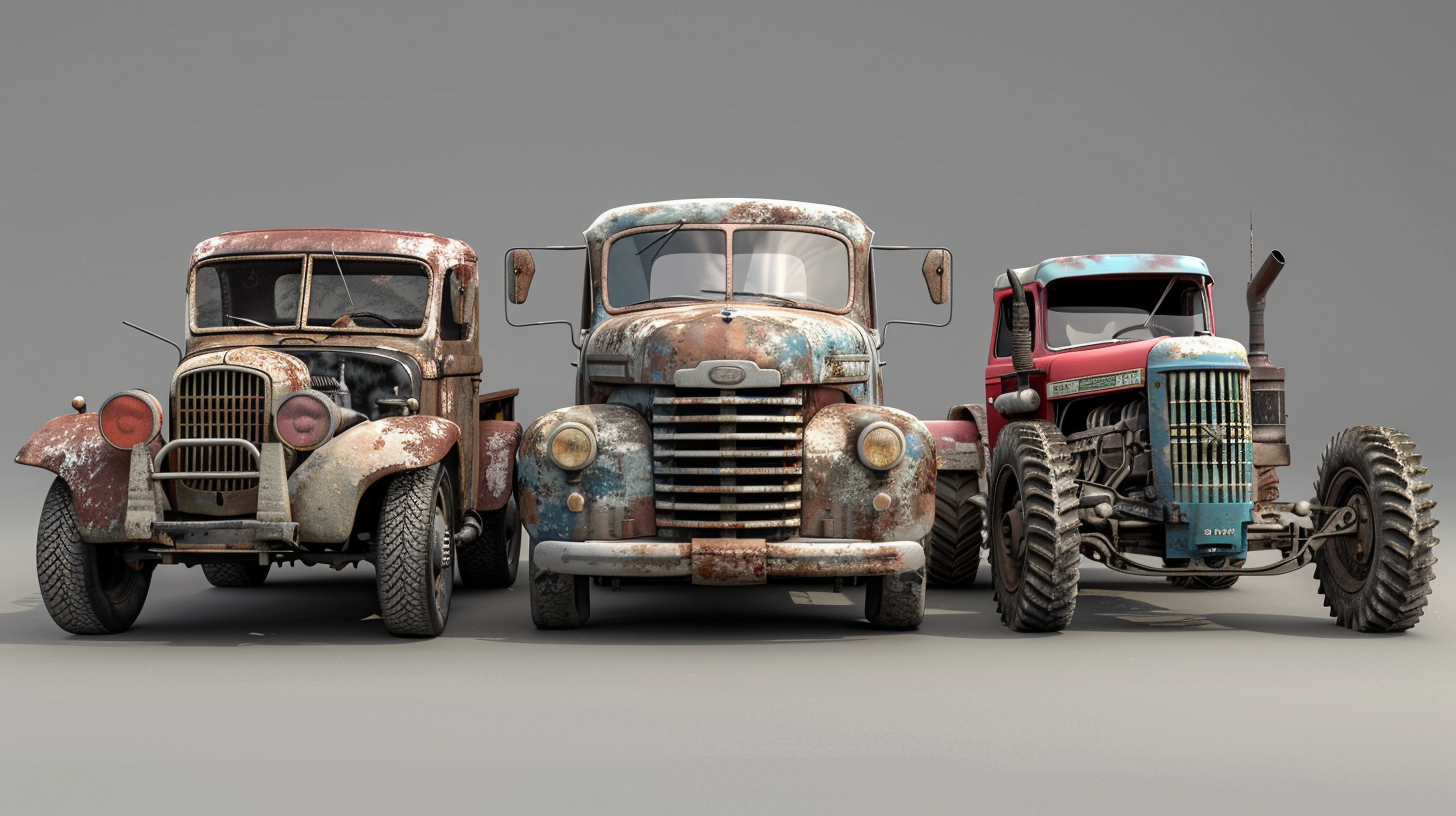 Scene with truck, car, and tractor, different styles.