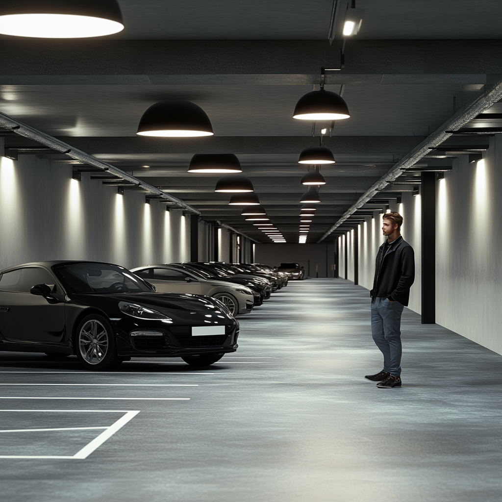 Scene: Underground parking lot, clean, modern, well lit. 