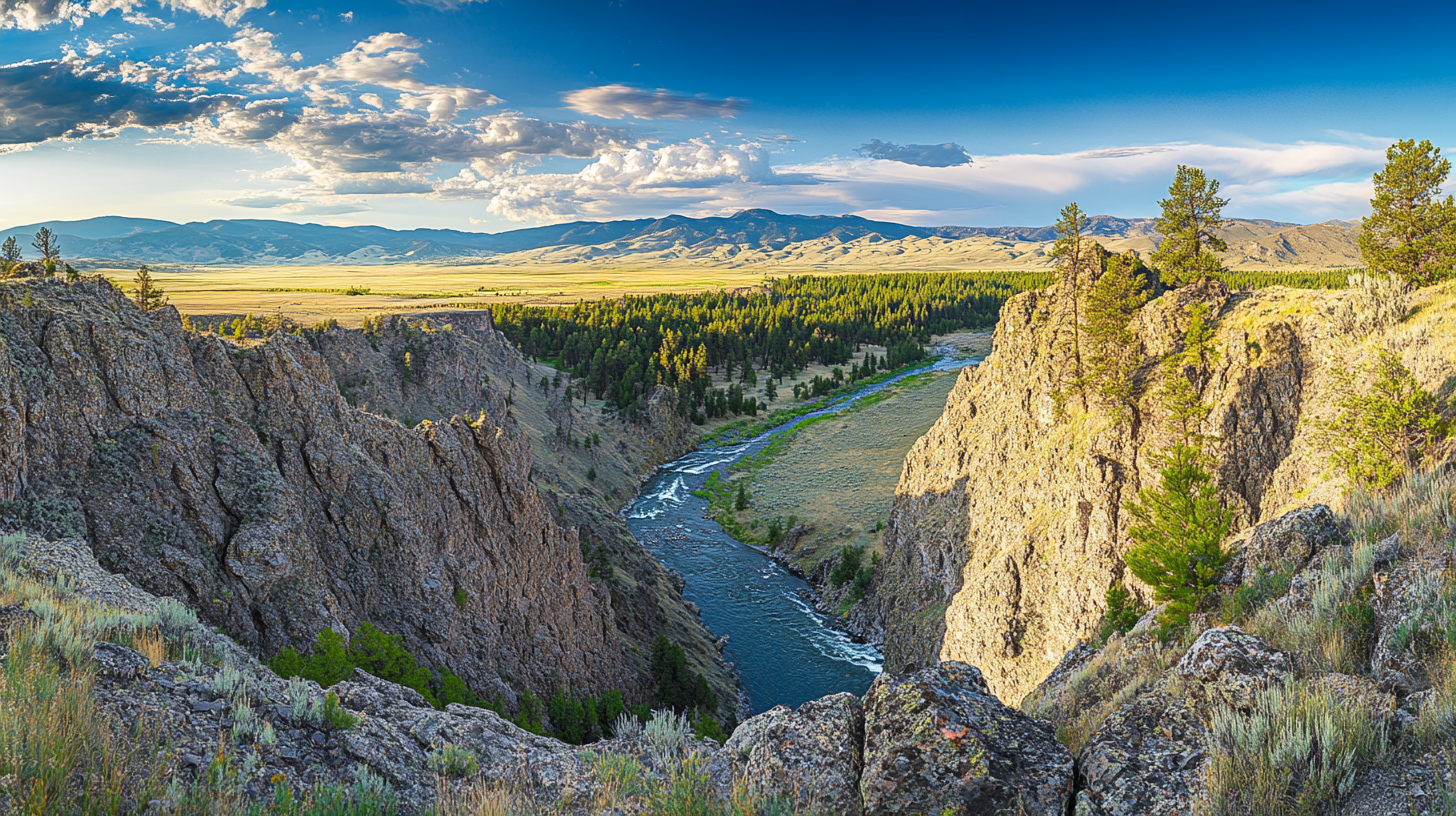 Scenic overlook of lower canyon and Yellowstone River.