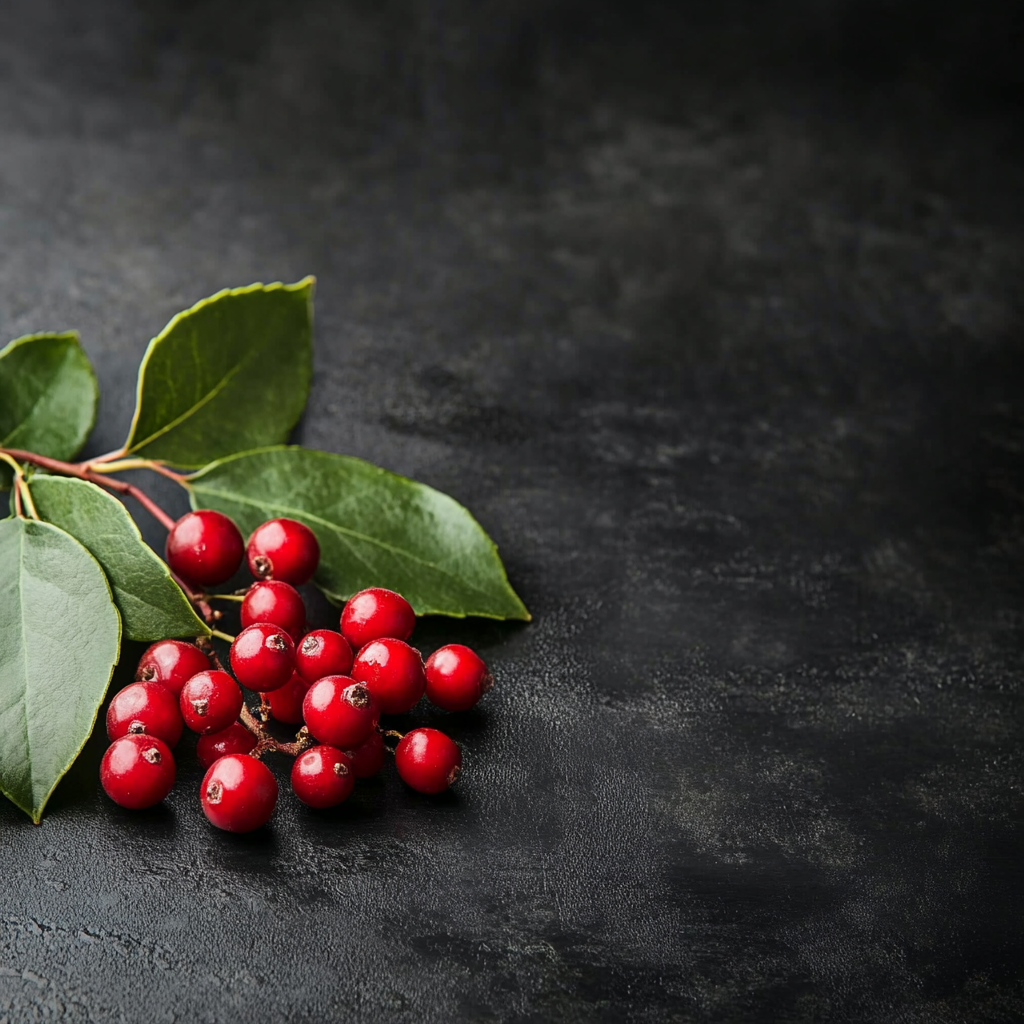 Schisandra berries with green leaves in darkness