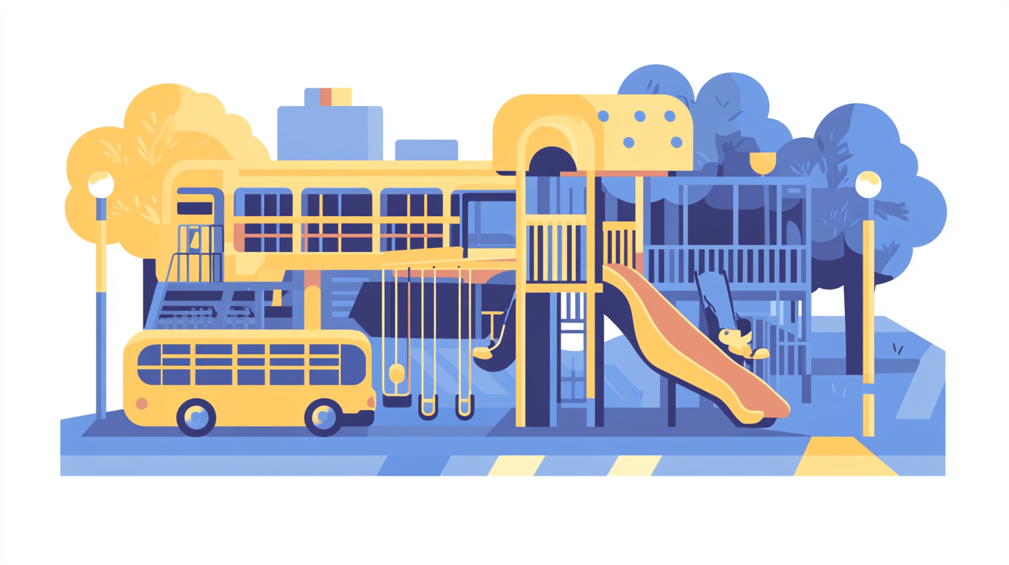 School Playground with Slide, Swings, and Bus