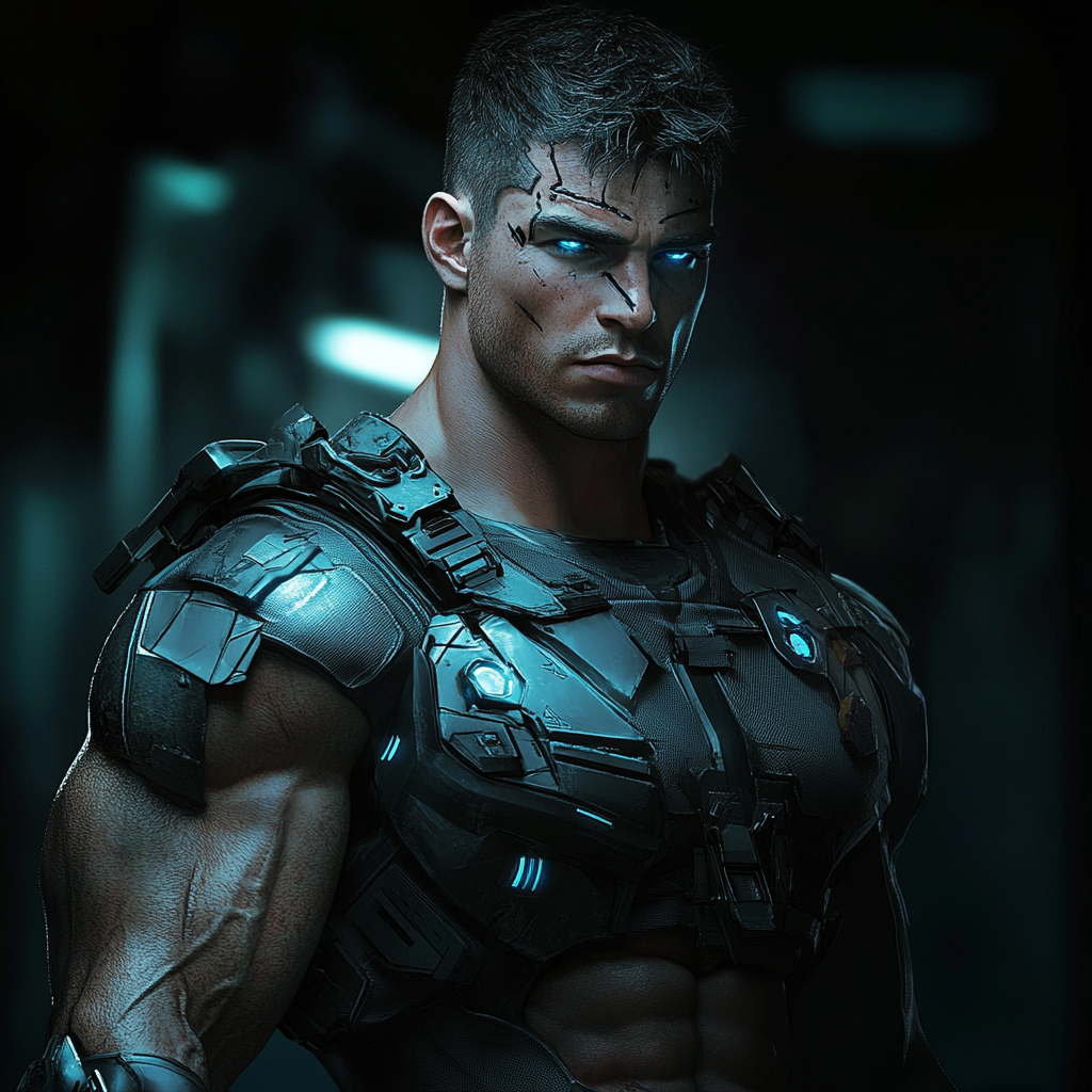 Sci-fi Hero with Blue Eyes and Scars in Dark Clothing - Photograph with Dramatic Lighting