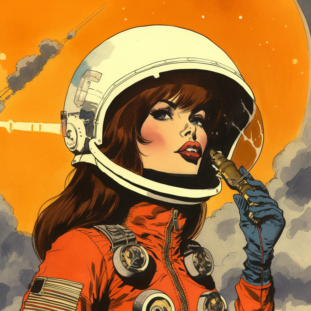 Sci-fi astronaut babe in helmet with red lipstick.