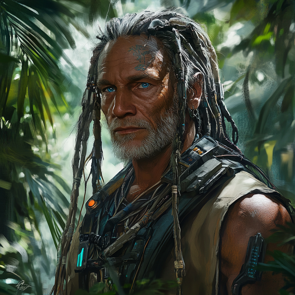 Sci-fi character in jungle, leader of M'Bora Tribe.