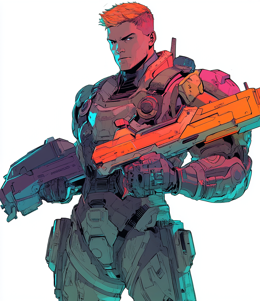 Sci-fi male character holding machine gun in cartoon style.