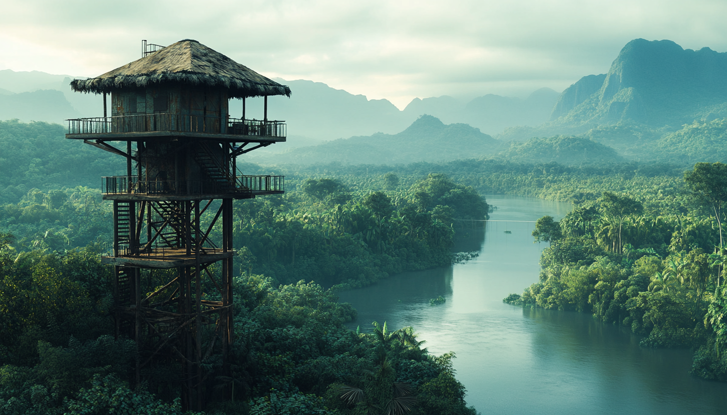 Science outpost in Congo jungle with watch tower.