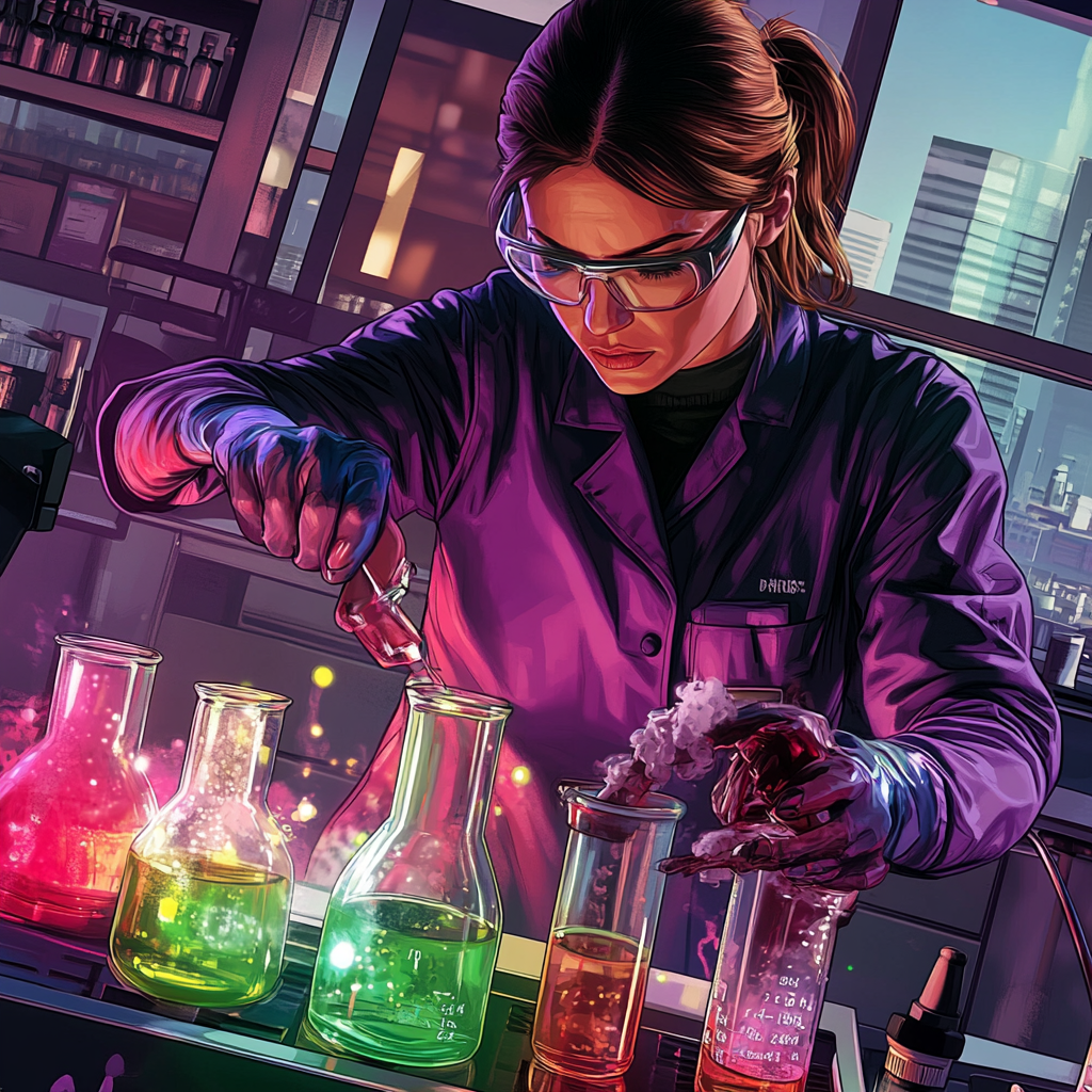 Scientist analyzing chemical reactions in futuristic lab setting.