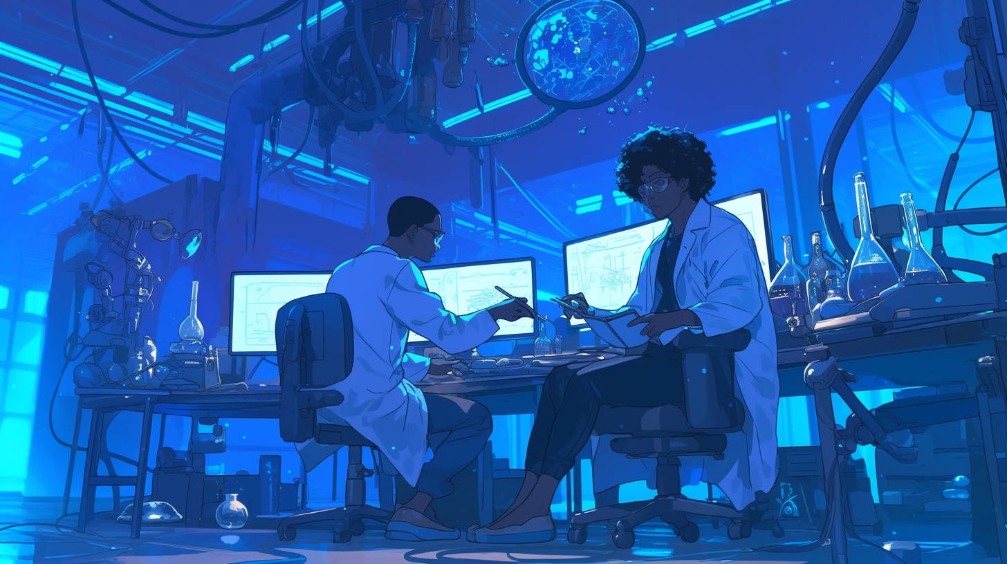 Scientists work in Lagos lab with computers and beakers.