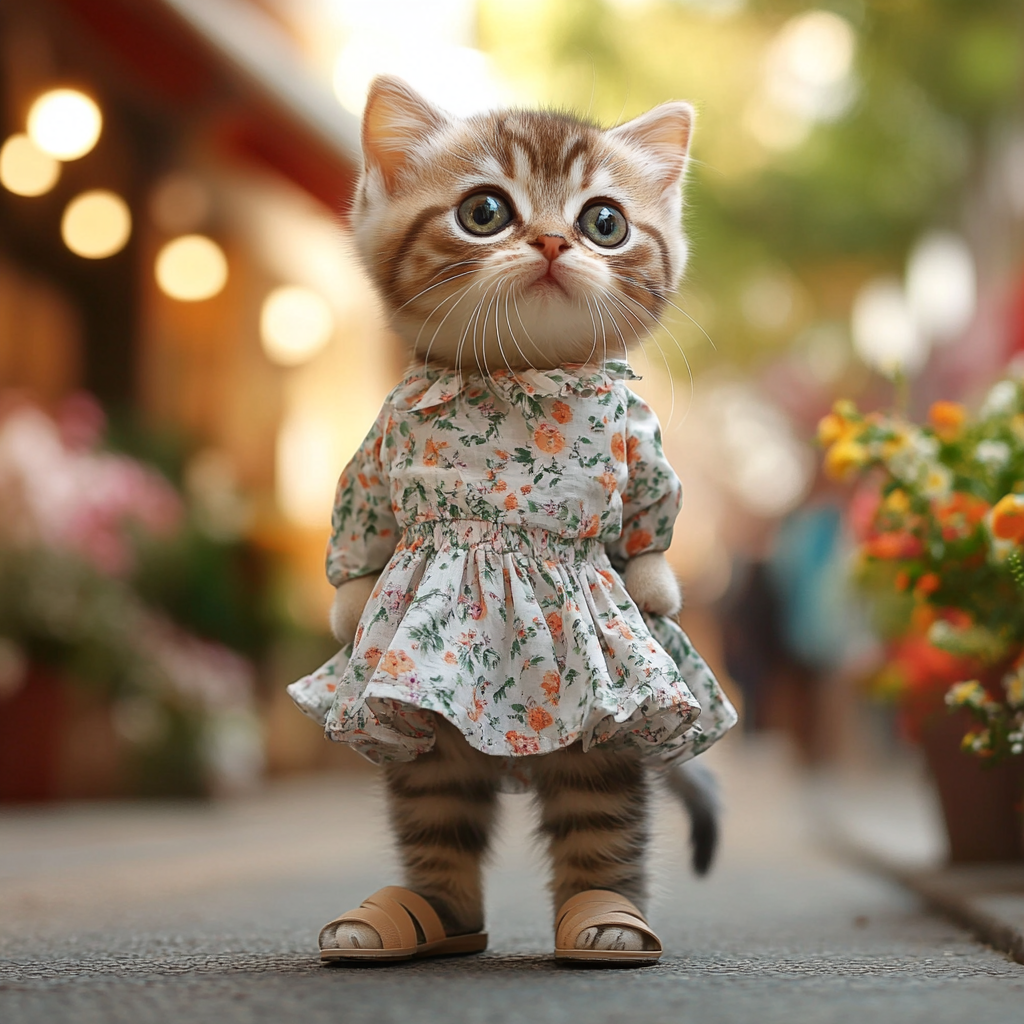 Scottish Fold kitten in feminine outfit on street.