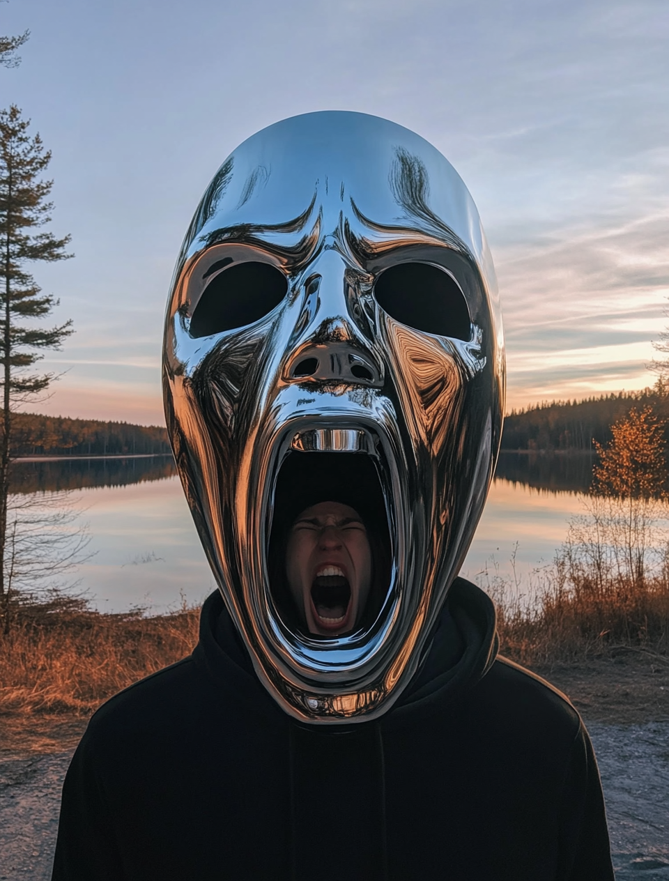 Scream Mask Chrome Woman Black Hoodie Forest Lake