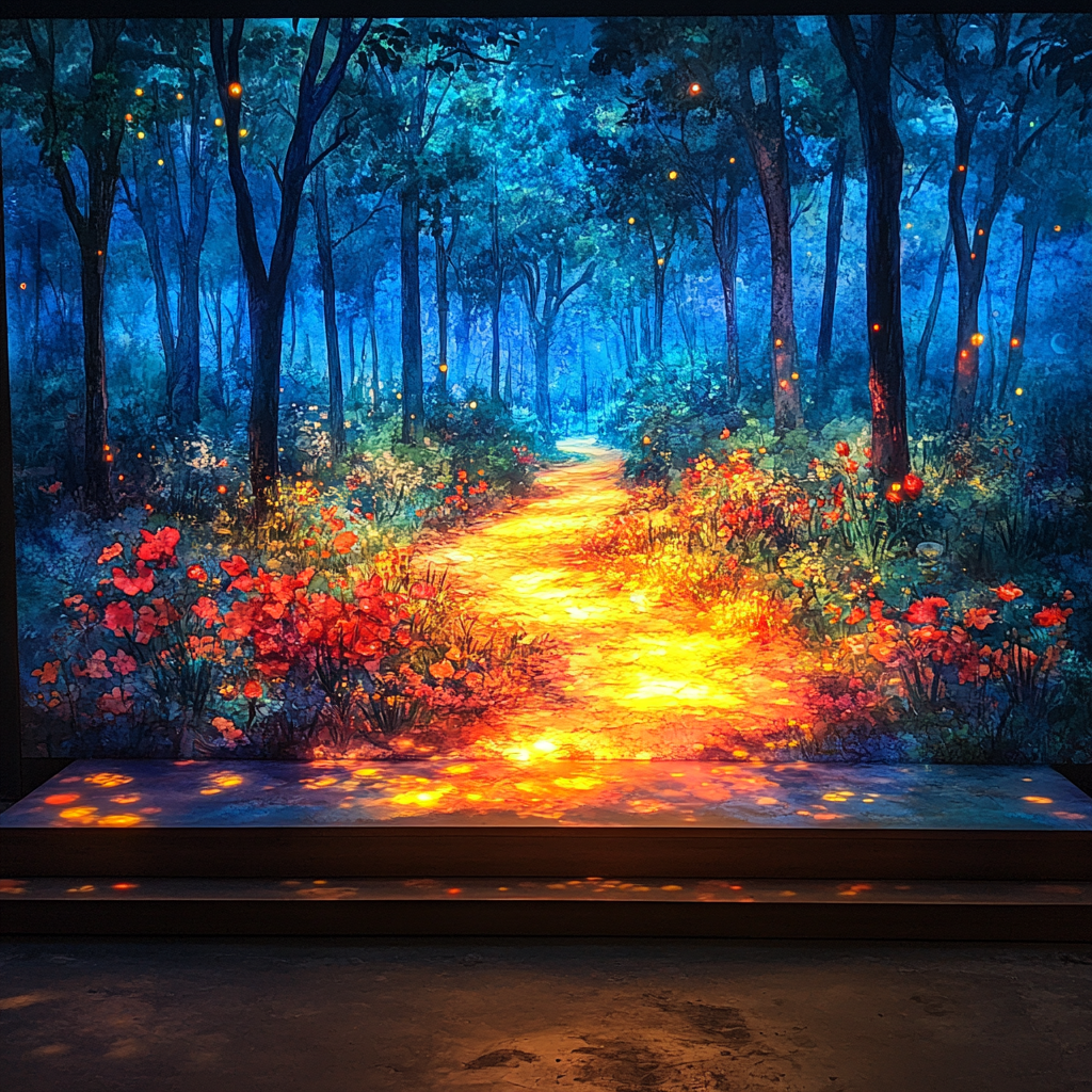 Screen displays nature trail paintings with glowing sunshine.