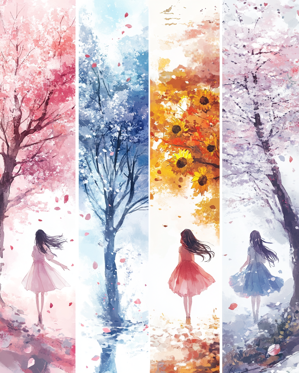 Screen divided into four parts with seasonal illustrations.