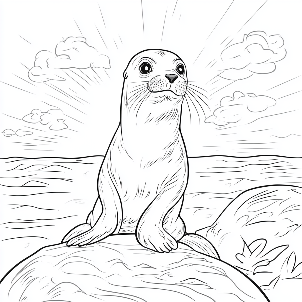 Sea lion design with Disney-like eyes, on rock.