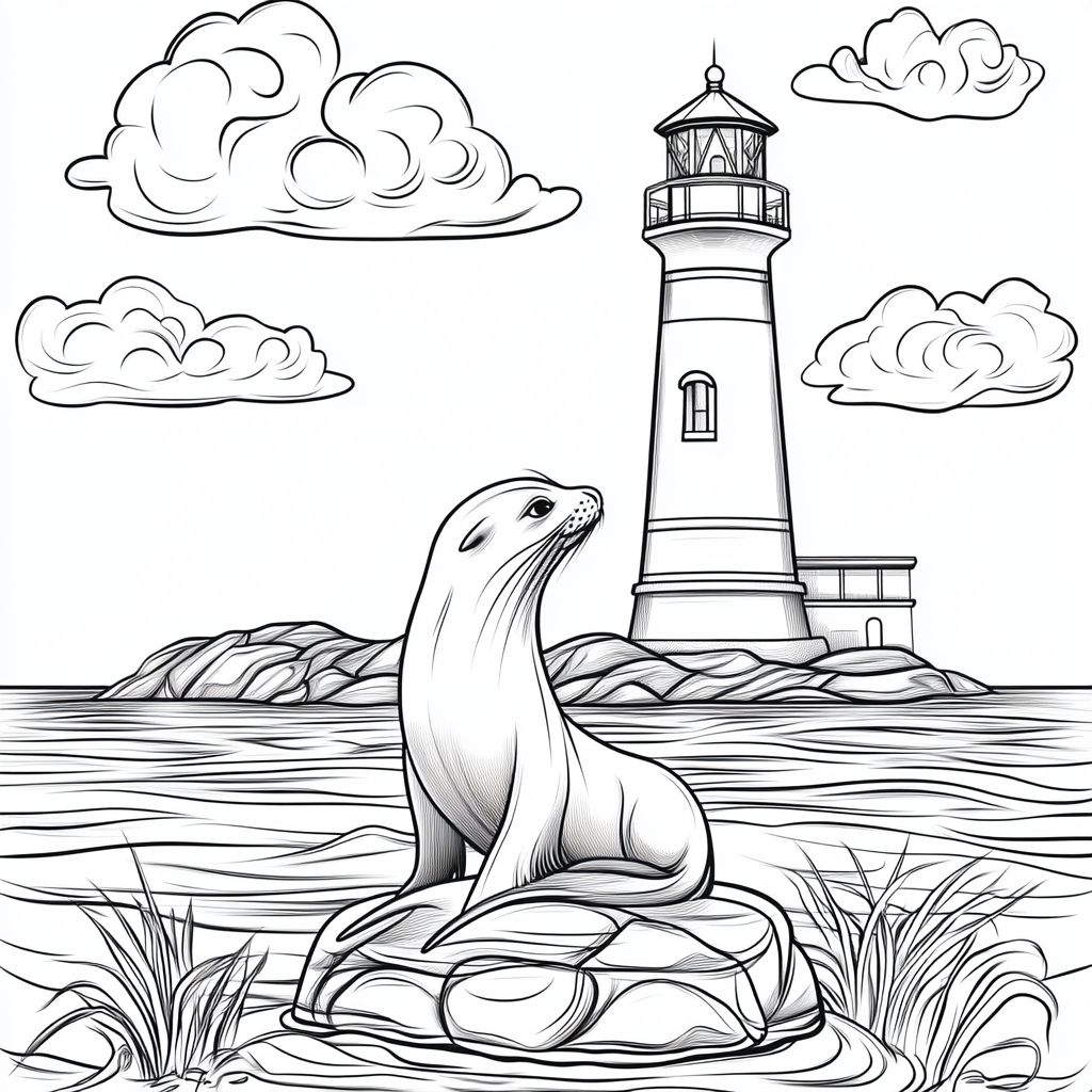 Sea lion on rock with lighthouse and clouds.