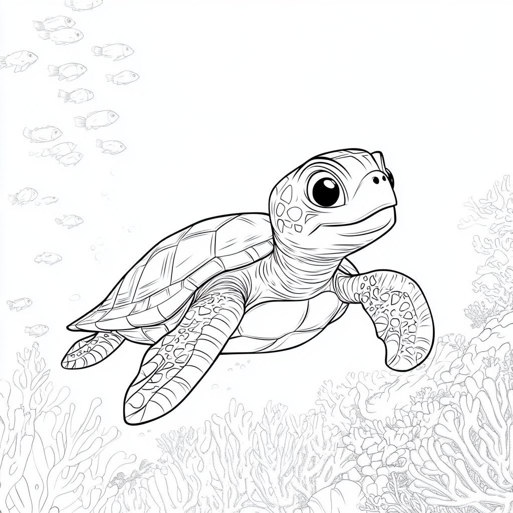 Sea turtle cartoon design, eyes like Disney character.