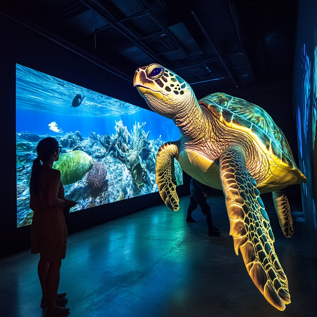 Sea turtles in Michoacán room show ecosystems with projections.