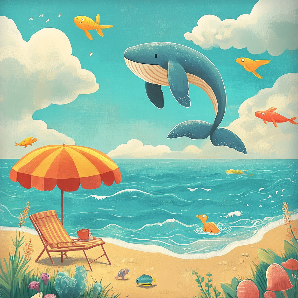 Seagull, whale, beach umbrella, chair, sea creatures cartoon scene.