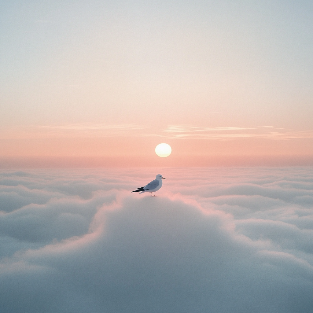 Seagull Surveying Horizon under Surreal Sunset Sky