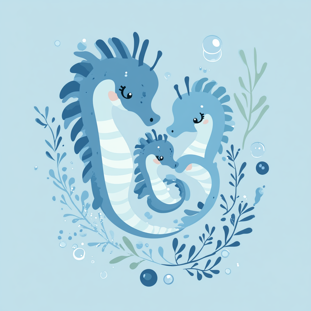 Seahorse mother holding baby with seaweed and bubbles.