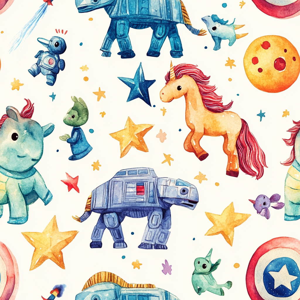 Seamless pattern with Star Wars, unicorns, Marvel characters.