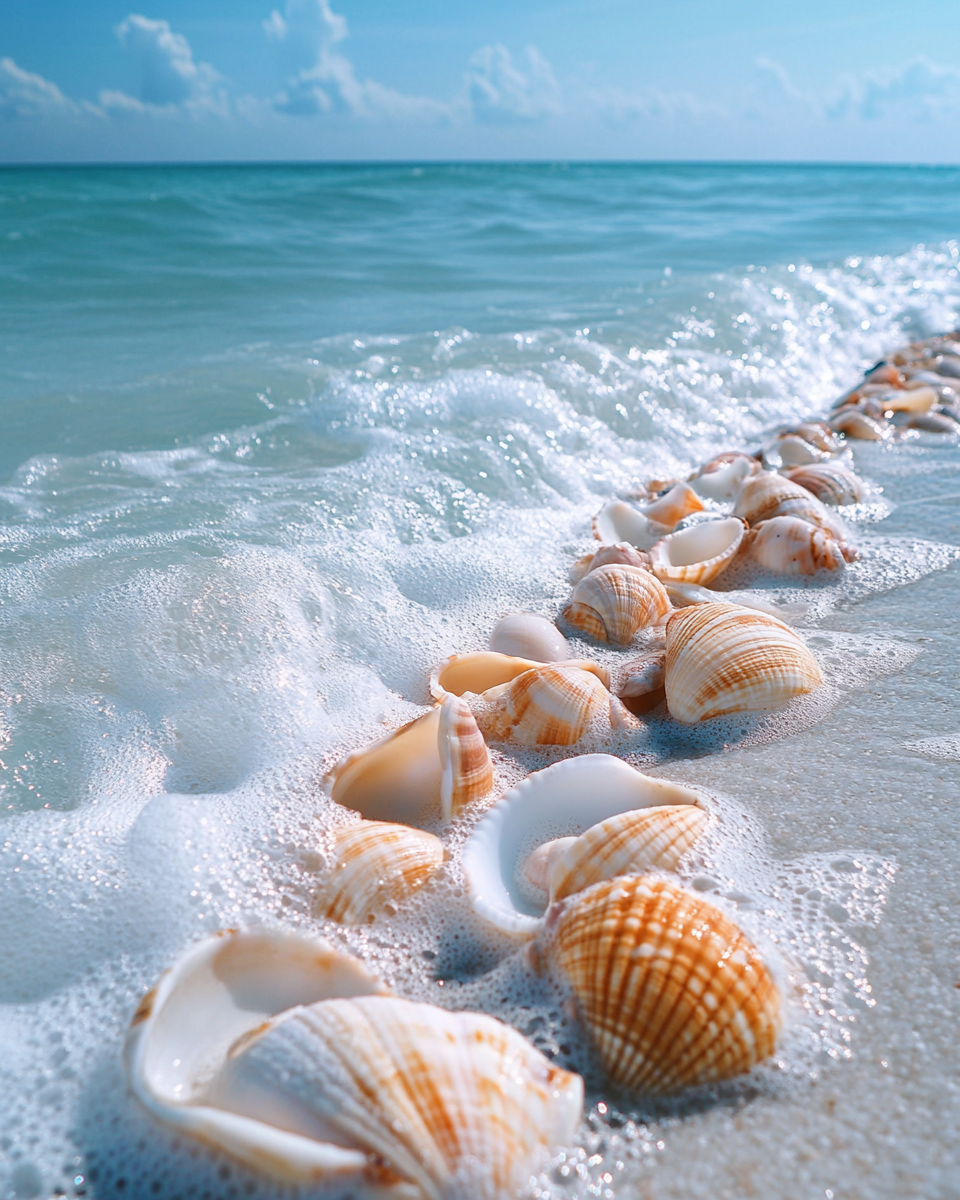 Seashell Beach Waves Seascape Stock Photo