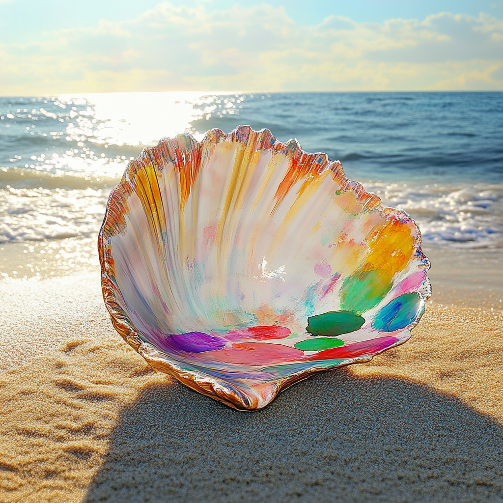 Seashell transformed into watercolor palette on sunny beach.