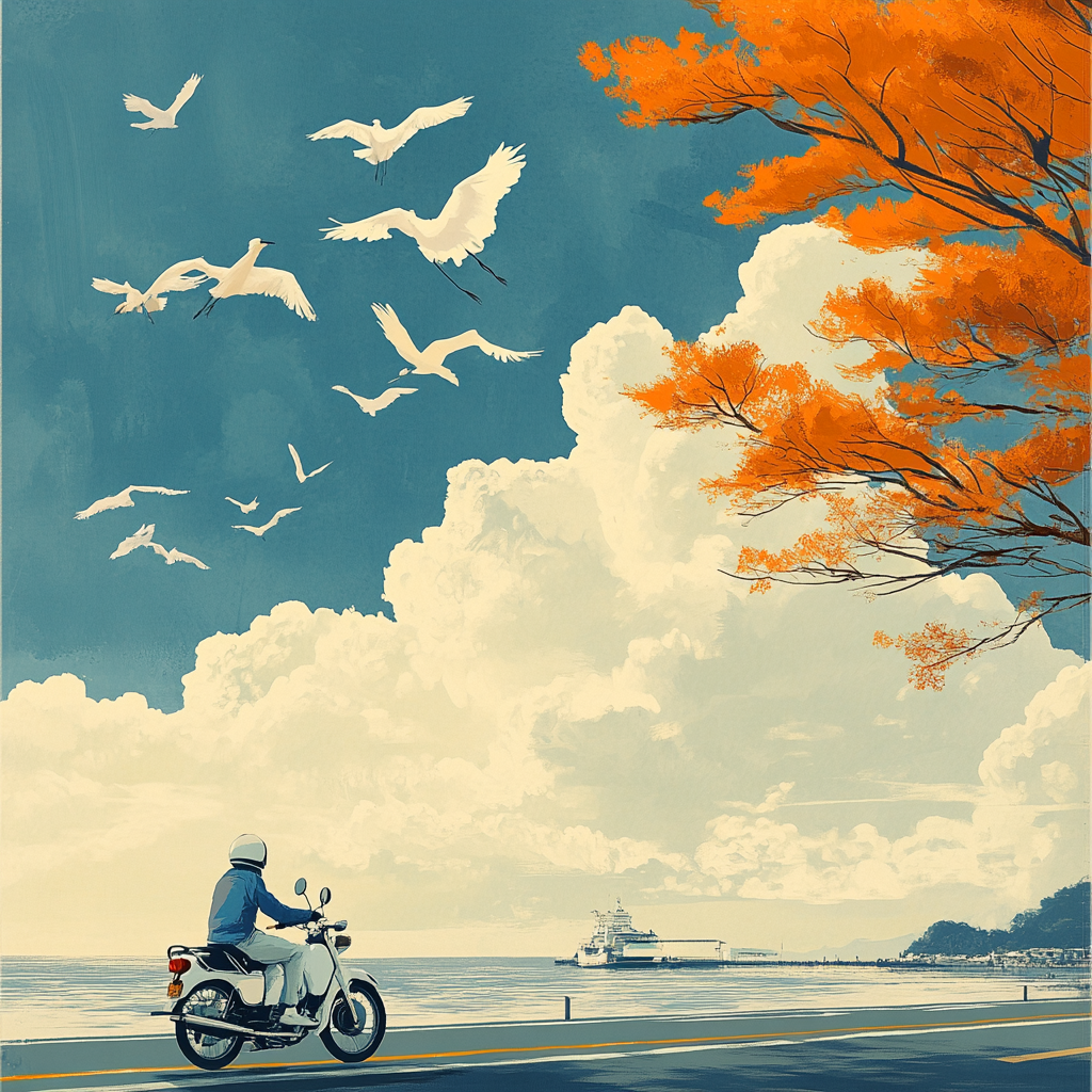 Seasonal Bai Lu Poster: Motorcycle, Egrets, Blue White Orange