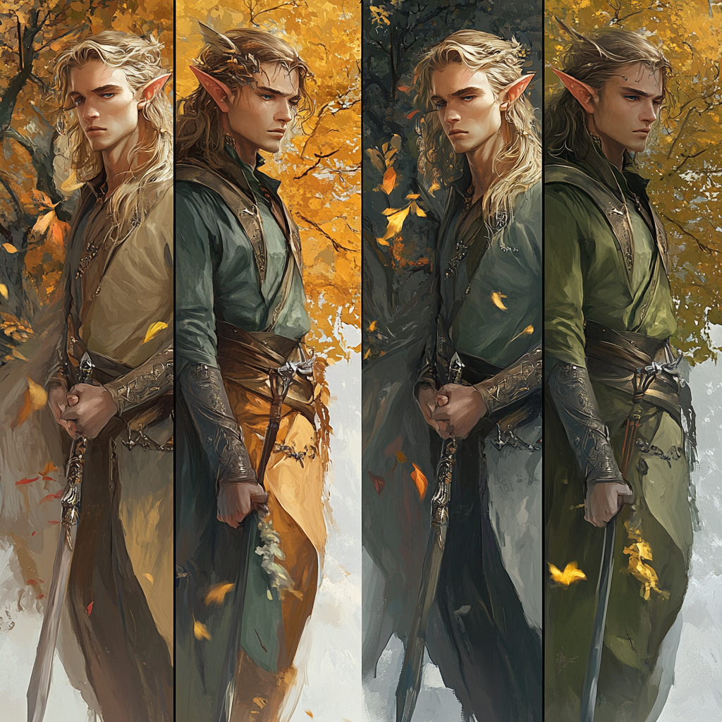 Seasonal portrayal of elegant male elf holding spear.