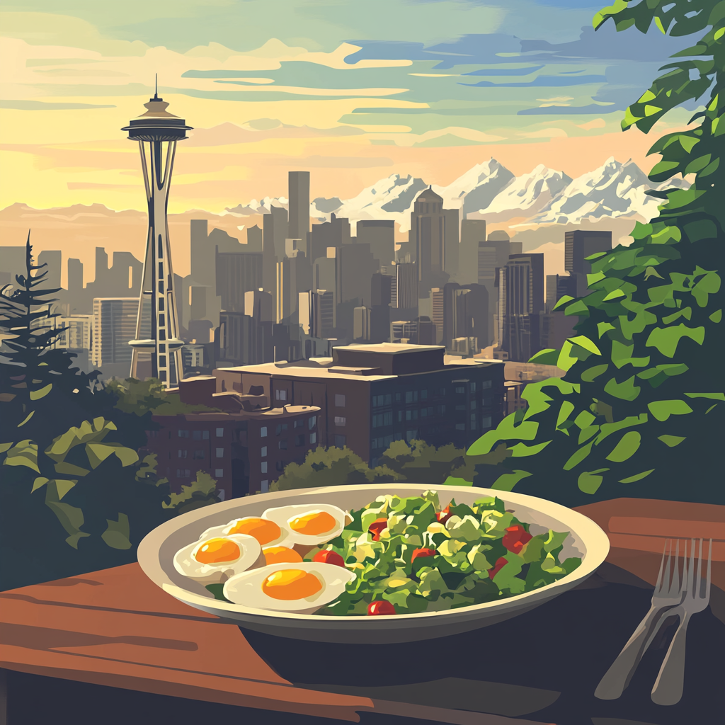 Seattle skyline with Space Needle, salad, eggs. Flat illustration.