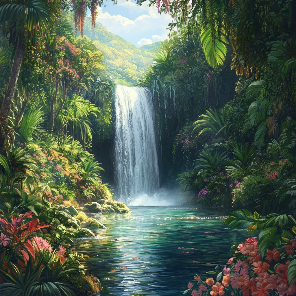 Secluded jungle waterfall with crystal-clear water and lush vegetation