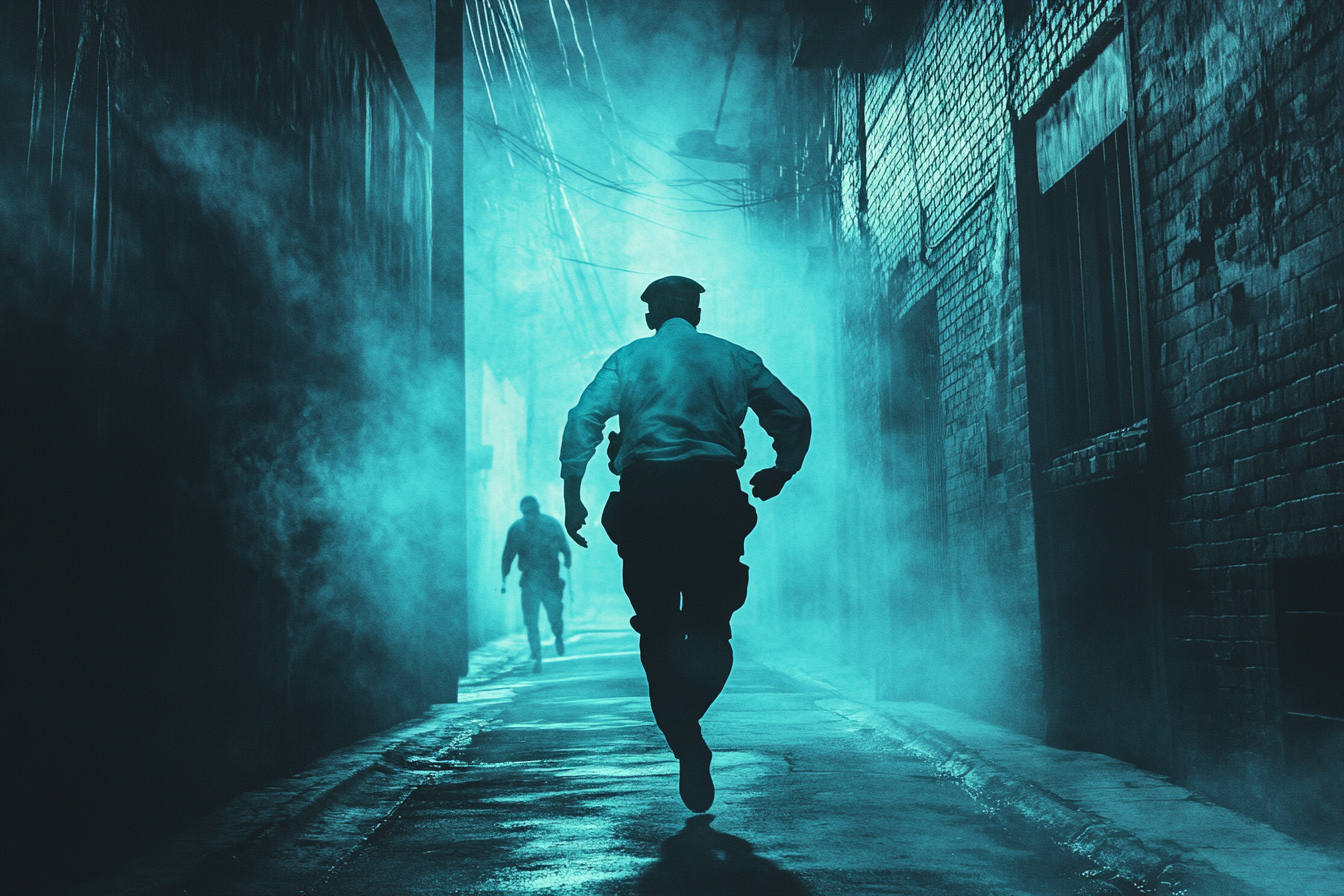 Security guard running in dark LA alleyways, pursued by shadows.