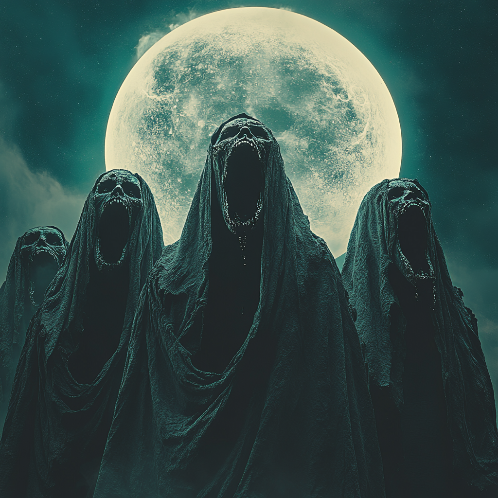 See wide-mouthed zombie monks in surreal eclipse