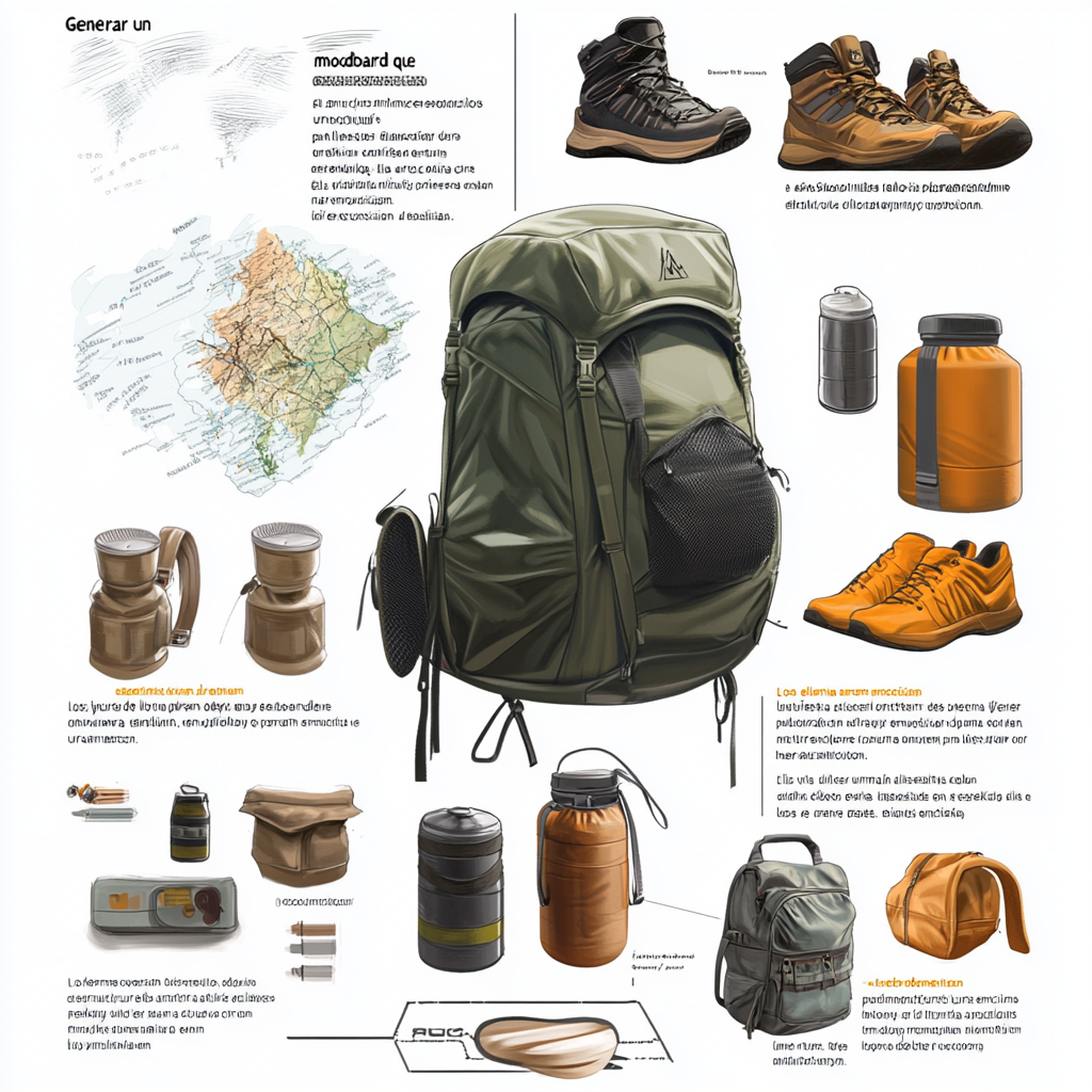 Selection of essential items for a trekking backpack visually.