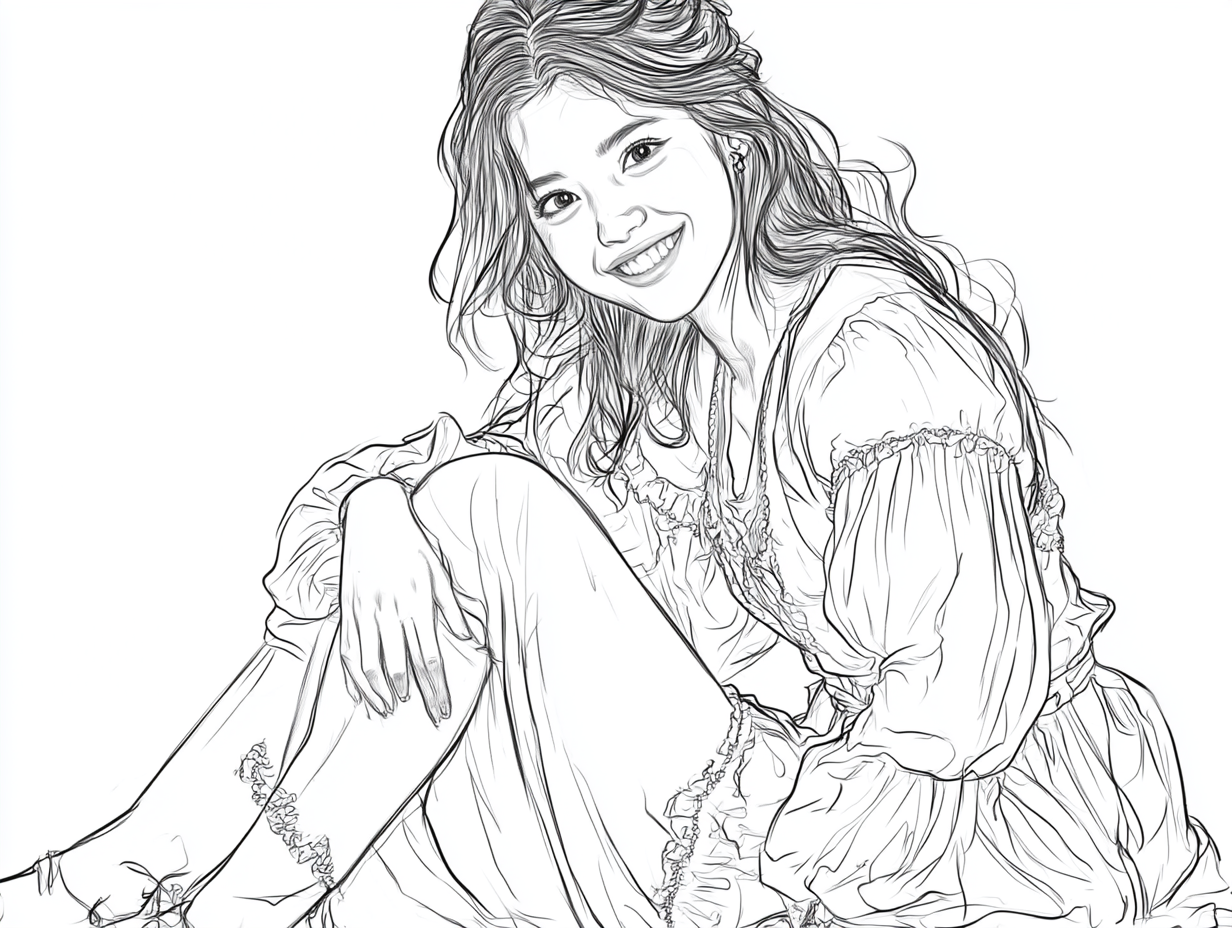 Selena Gomez in peasant girl costume sitting and smiling.