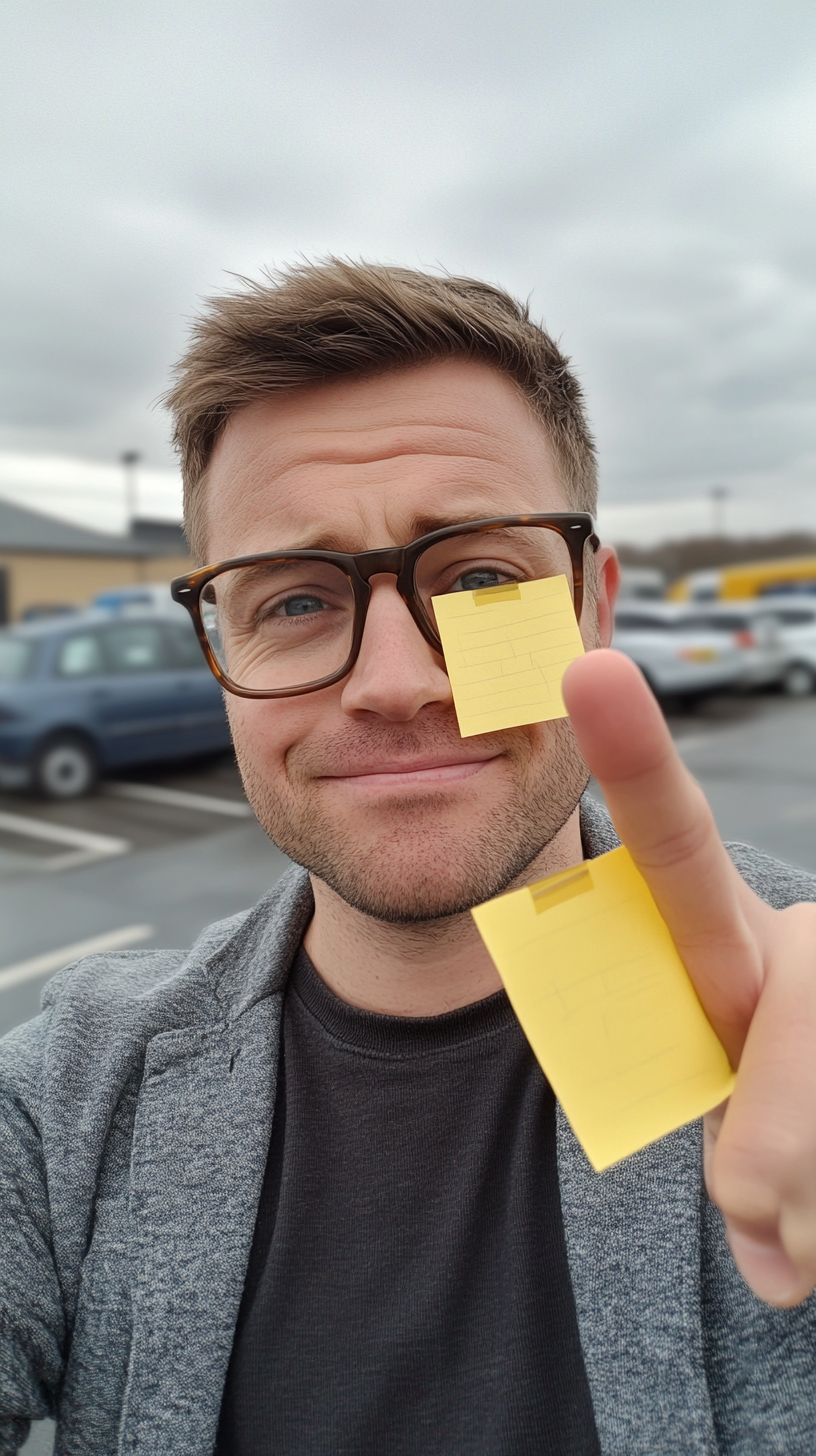 Selfie of British man with post-it notes & car.