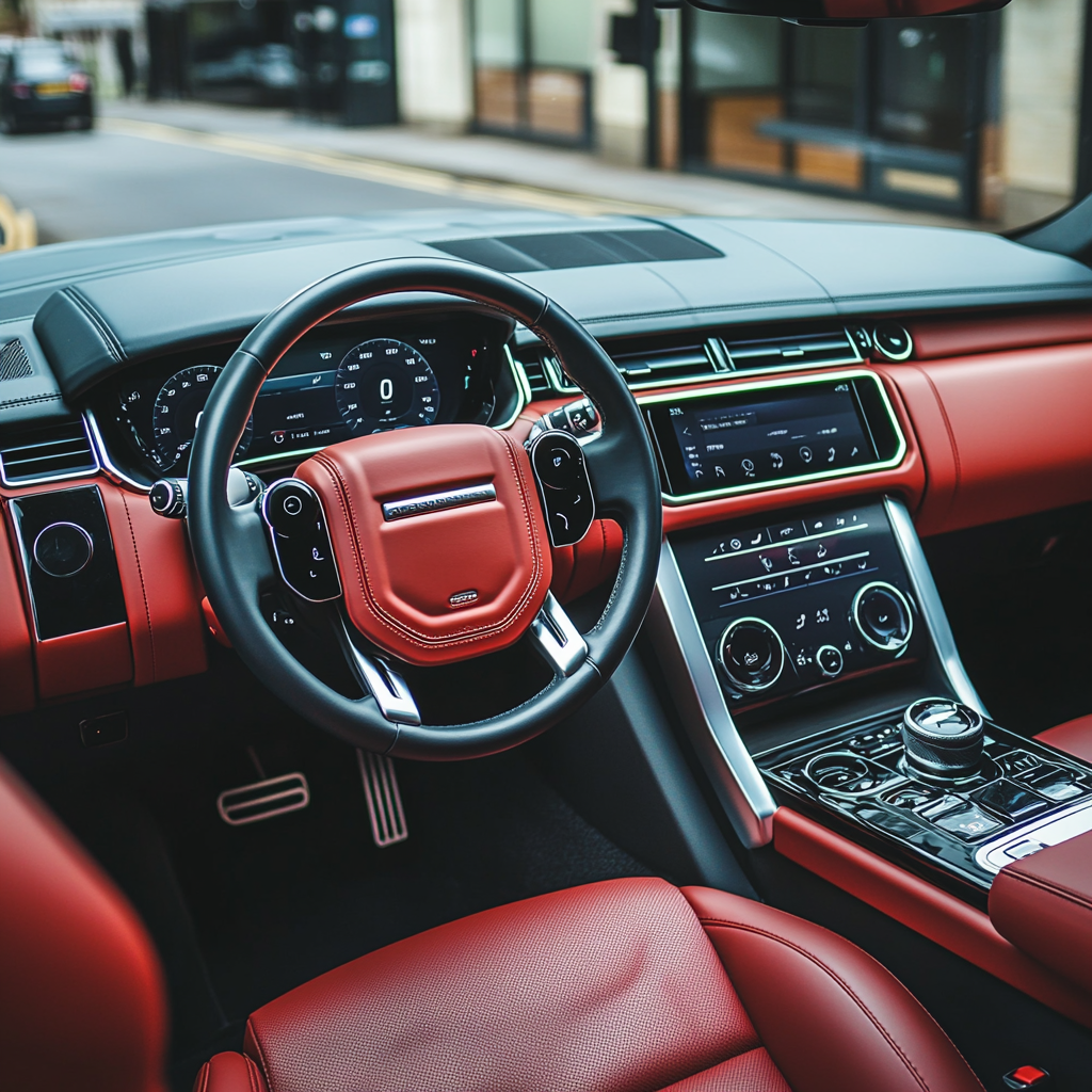 Selfie-style view of Range Rover Sport's interior, rich leather.