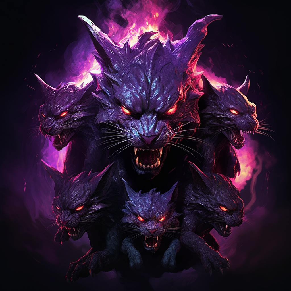 Semi-realistic 3-headed demon cat in hell, purple flames.