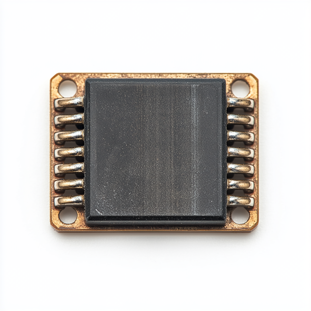 Semiconductor with rectangular body and curved metal leads.