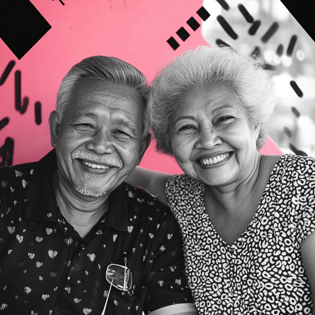 Senior Filipino couple in black and white portrait.