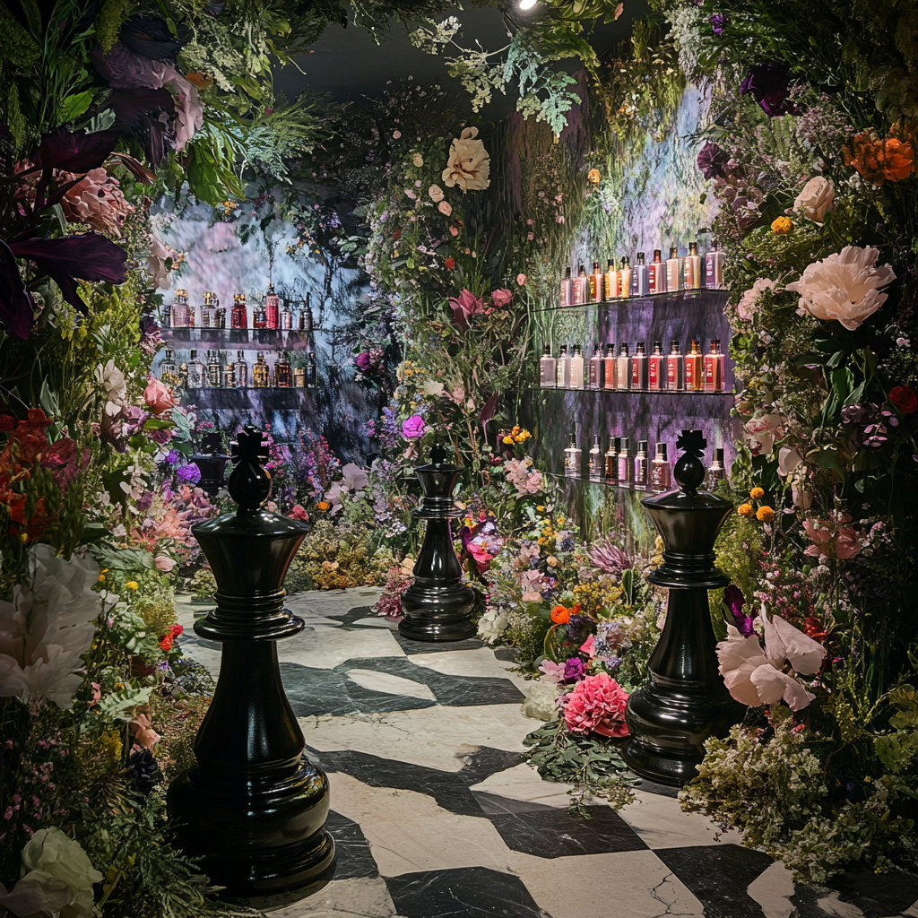 Sensory experience with chess pieces, flowers, and perfume displays.