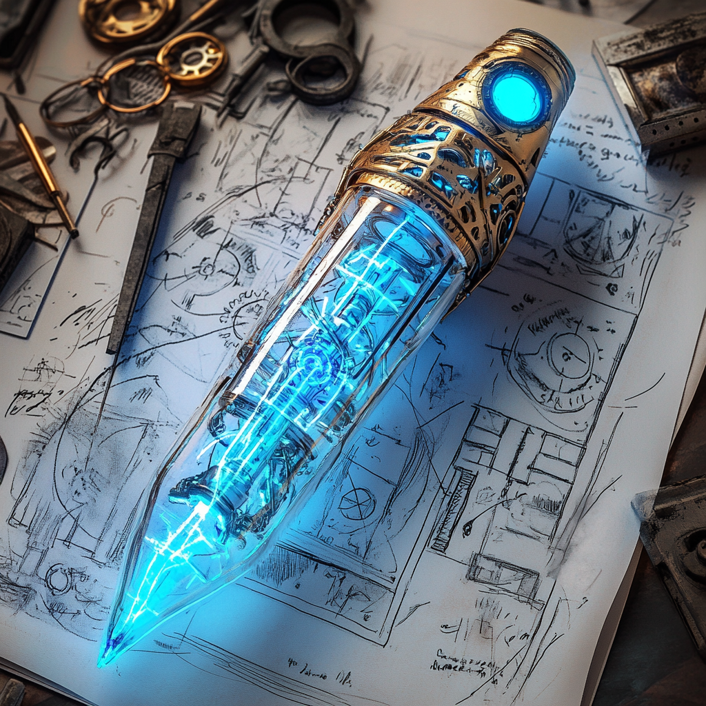 Sentient blueprint pen character with gears and glowing ink.