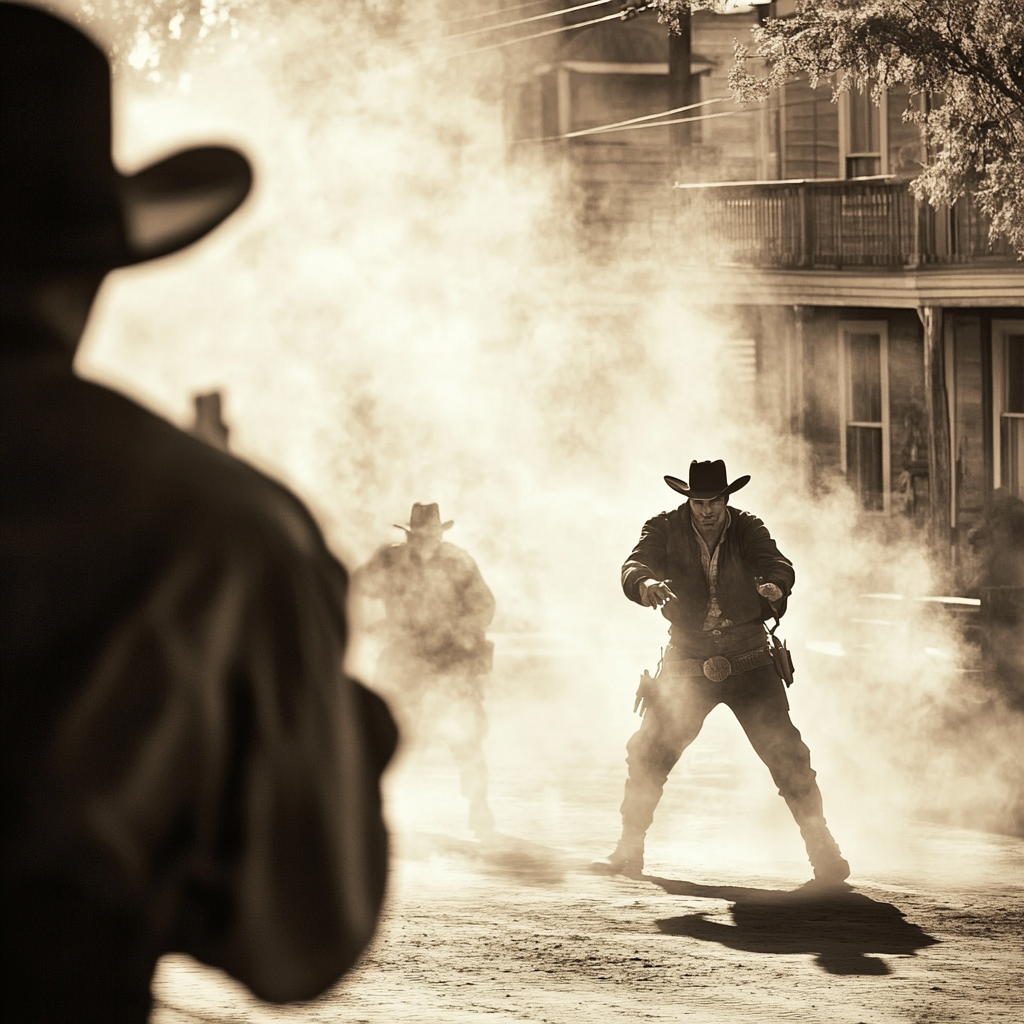 Sepia-tone gunfighters face off in Wild West town.