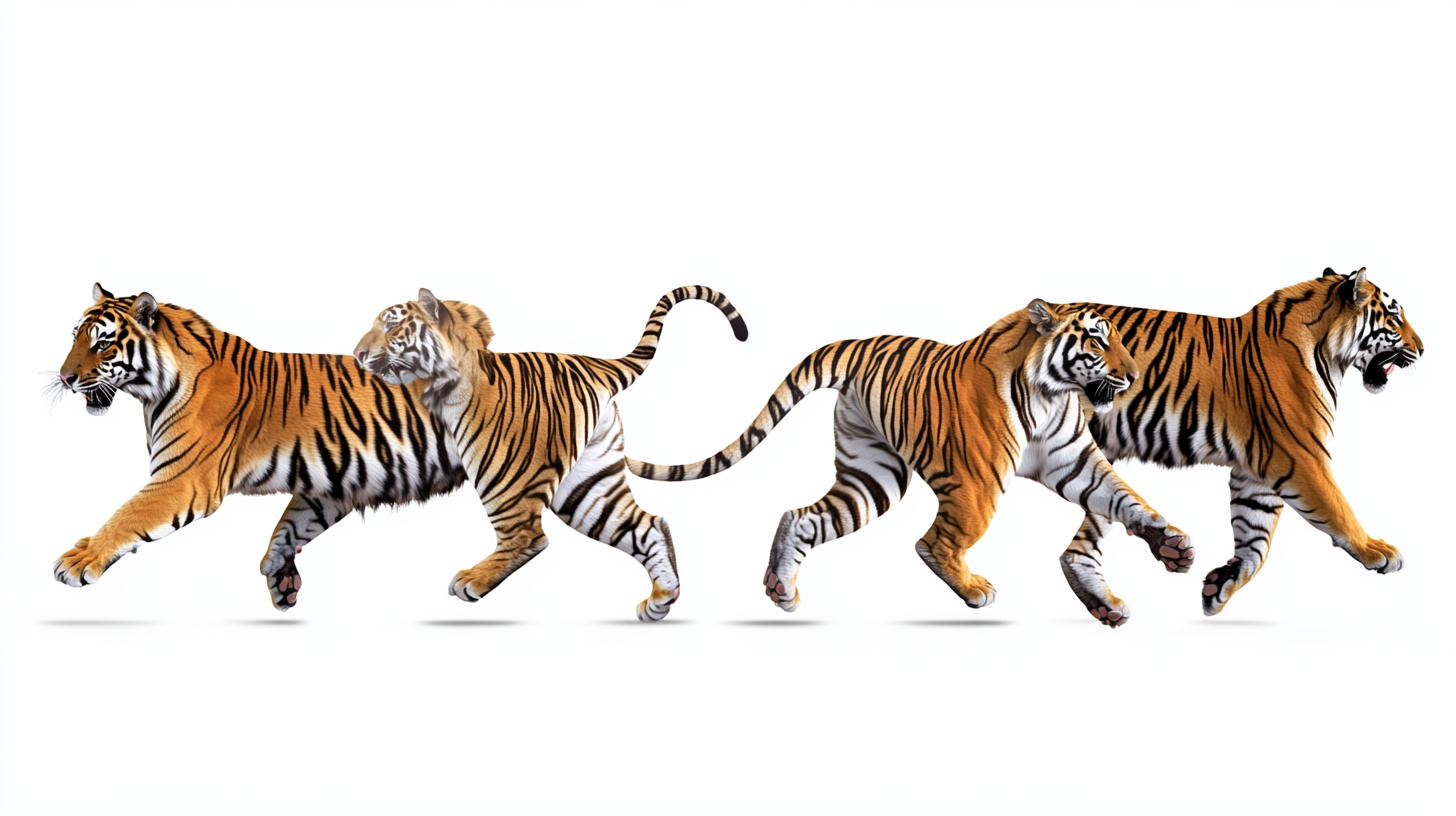 Sequence frames of tiger running in fluid motion.