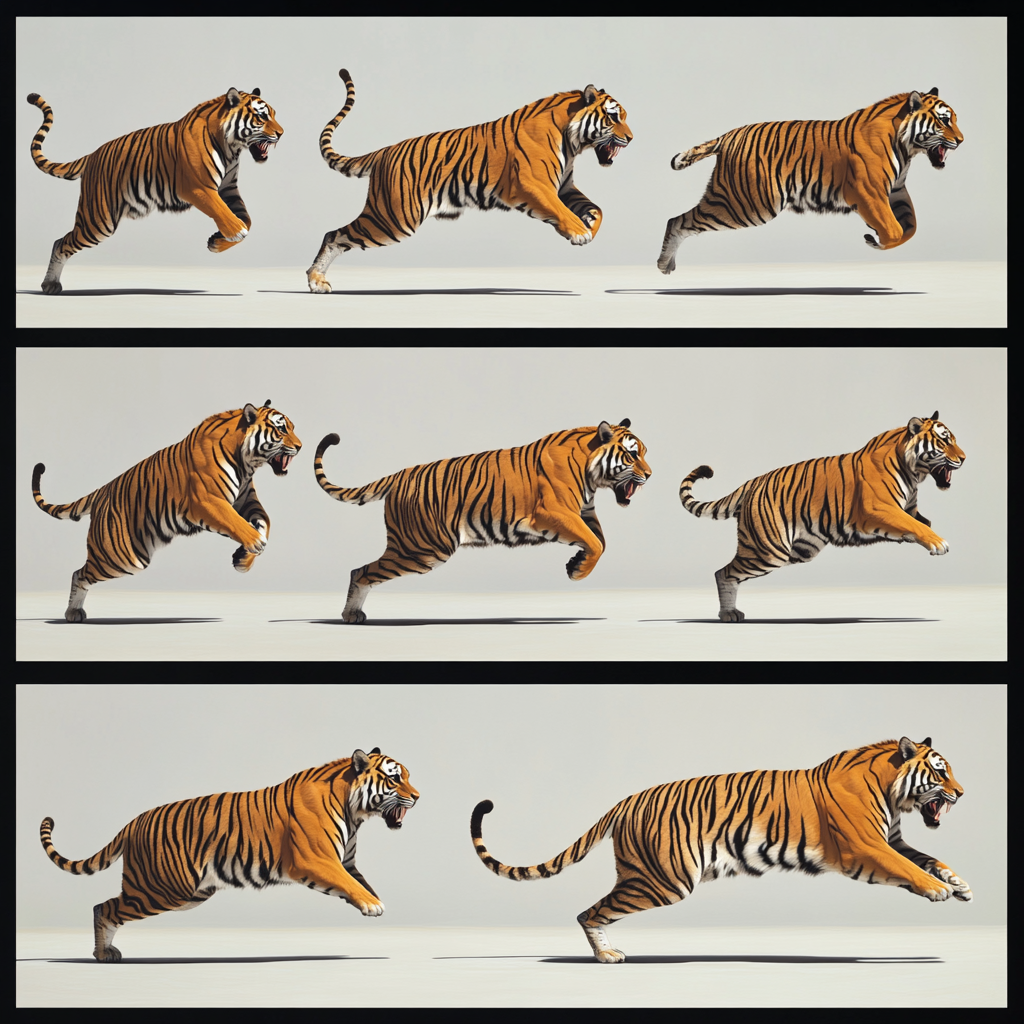 Sequence of tiger running in fluid motion stride profile.